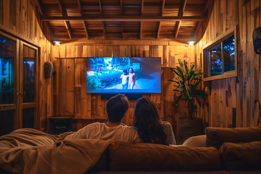 Casal em uma cabana de madeira, sentado em um sofá assistindo filme na TV.