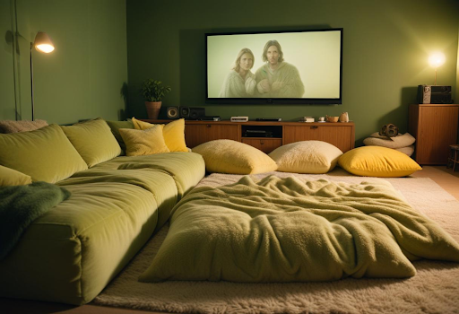 sala de tv verde com almofada e mantas espalhadas pelo ambiente de forma confortável. 